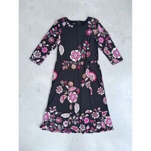 Talbots Petite Size 12P Floral Faux Wrap Midi Dress Black Pink Size 3/4 Sleeve